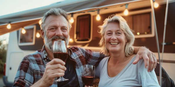 Happy mature couple sitting by their caravan home drinking red wine. Senior husband and wife traveling on holidays by trailer camper van. Monthly Reservation